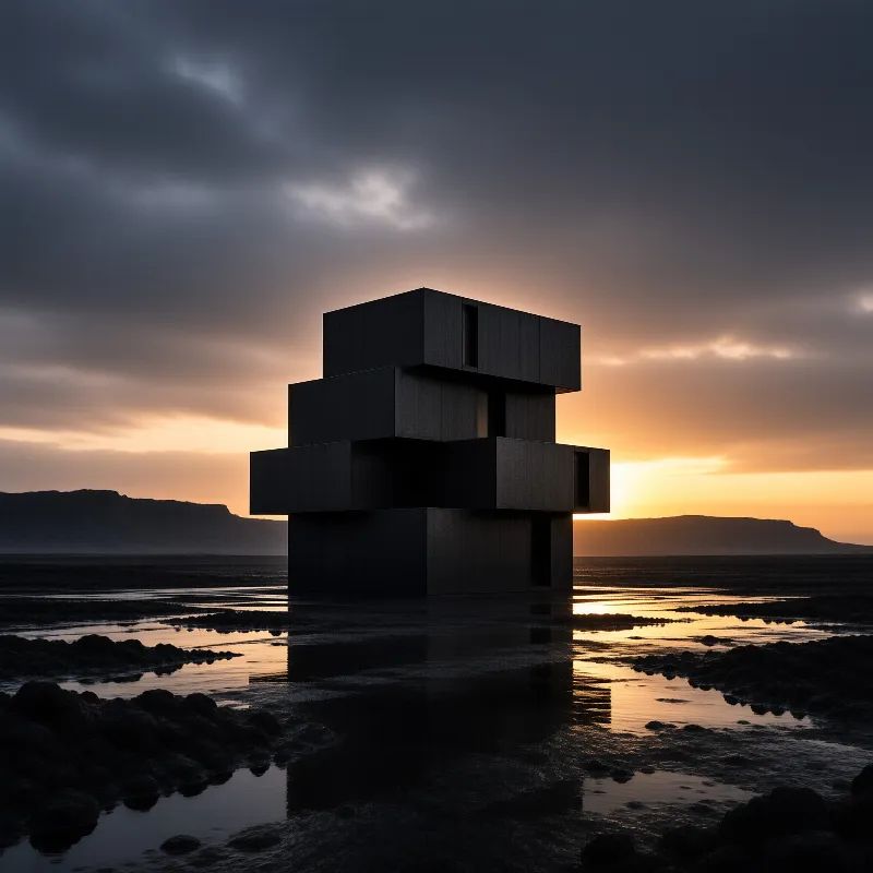 A stacked dark building rises from shallow coastal waters beneath a dramatic cloudy sky.