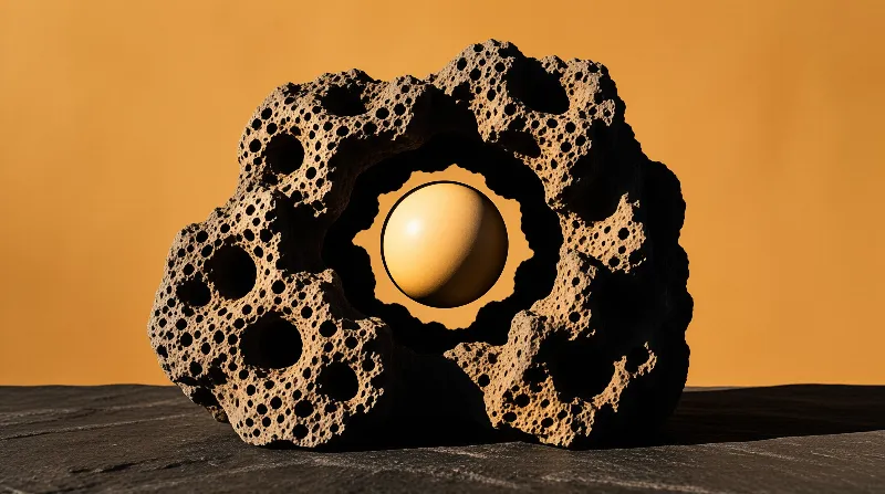 A smooth amber sphere floats inside the large cavity of a heavily perforated rock against an orange backdrop.