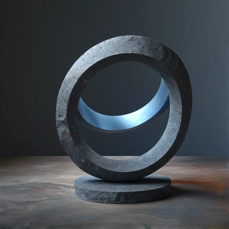 A dark grey stone torus sculpture sits on a wooden surface, featuring a suspended metallic blue ring inside its opening.