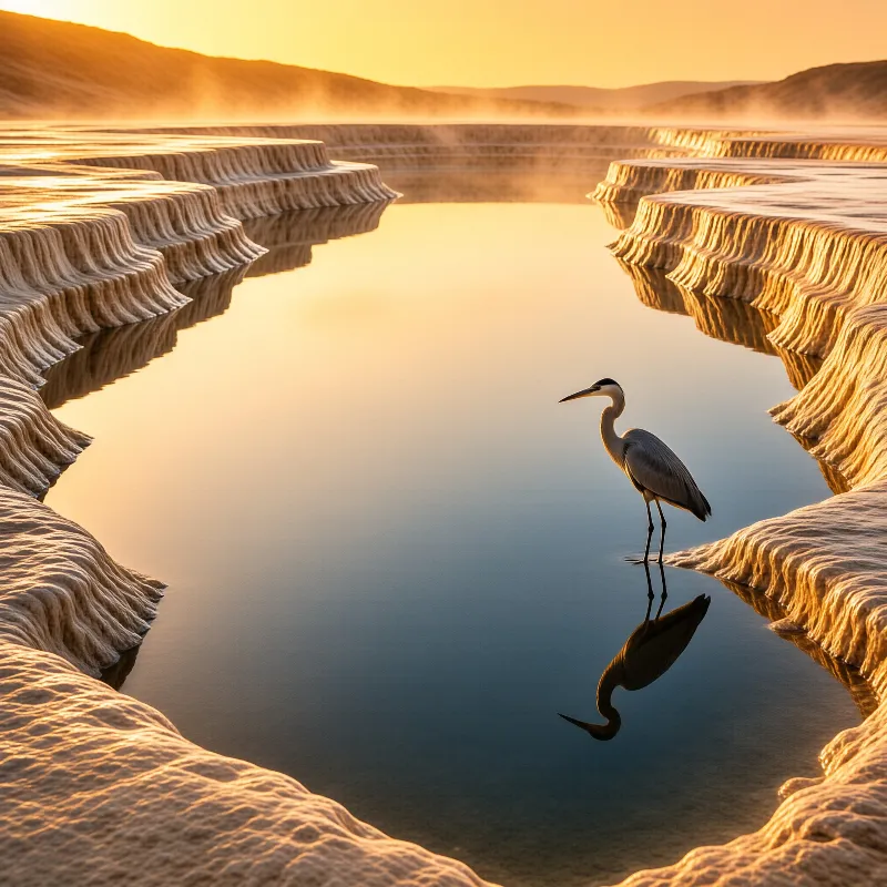 A grey heron stands in the calm water of stepped terraces during a golden sunset with clear reflections.