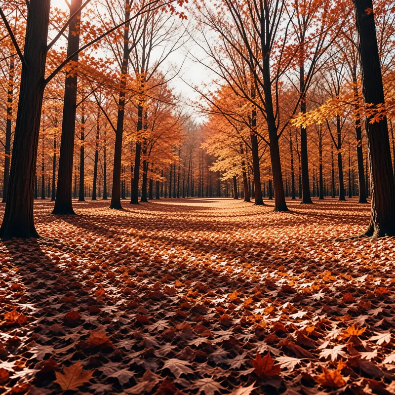 Tall trunks rise from a thick blanket of orange maple leaves glowing in low autumn sunlight
