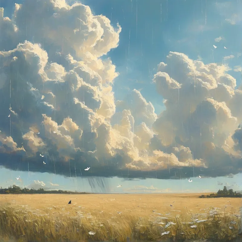 A wide expanse of golden wheat lies under massive billowing clouds with vertical streaks and scattered white birds.