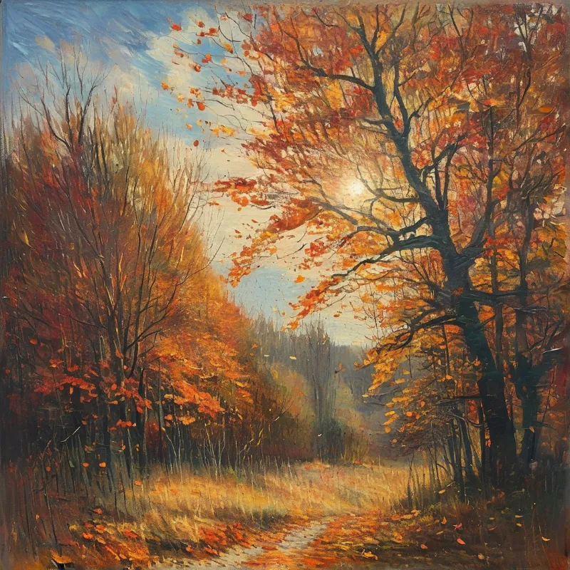 A forest trail covered with orange leaves passes beneath a large tree with bright foliage and a glowing sun.