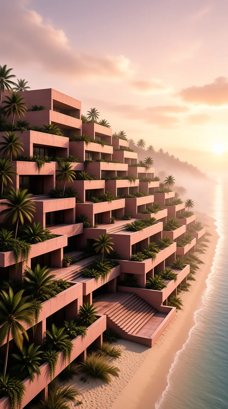 A modern stepped building covered in tropical plants sits along a sandy shore under a warm orange sky.