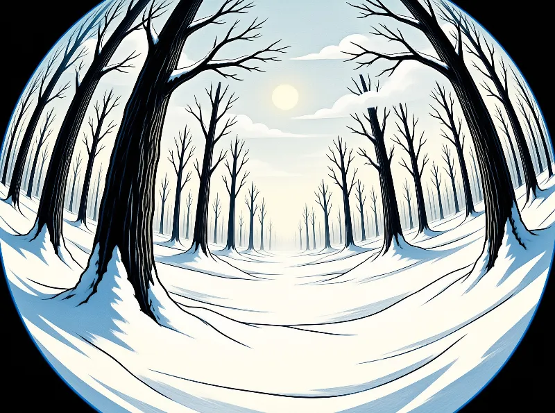 A stylized illustration shows a snowy forest path lined with bare trees leading toward a pale sun in the sky.