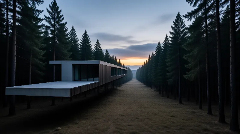 A long dark timber volume hovers over a grassy clearing between tall pines as the sky fades to amber.