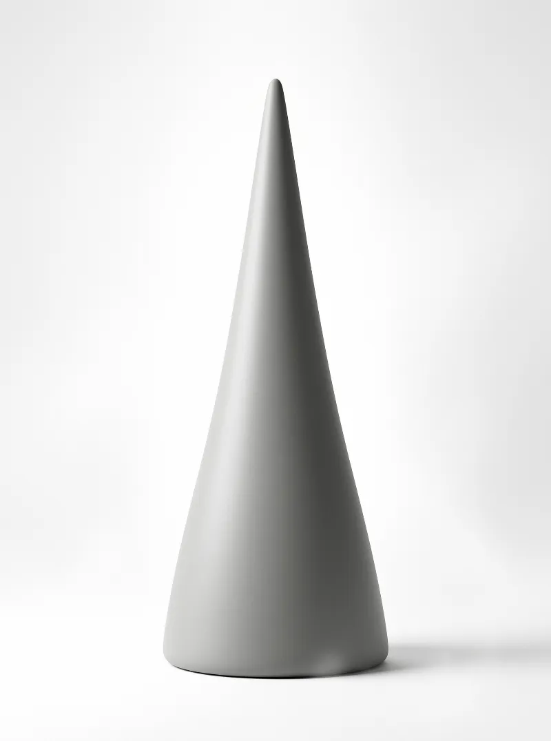 A tall matte grey cone stands upright against a seamless white background with soft lighting.