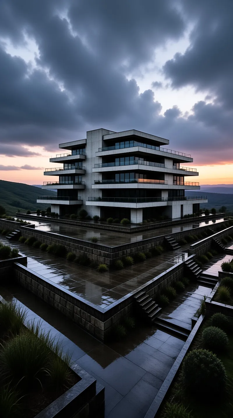 A multi-story white residence rests on layered stone platforms beneath a dramatic evening sky.