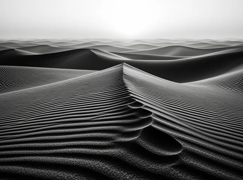 Monochromatic view of desert sand dunes displaying fine ripples along a sharp crest stretching toward the horizon.