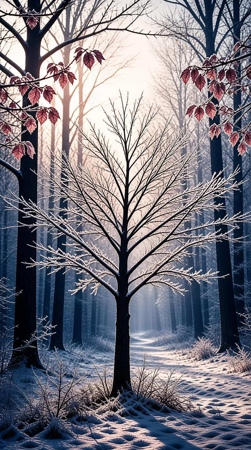 A solitary tree coated in white frost stands centrally within a foggy forest while red leaves hang above.