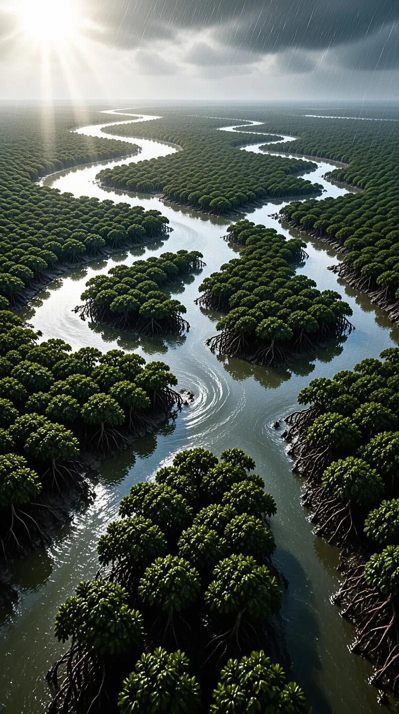 Winding river channels cutting through dense mangrove islands under stormy skies with sunbeams.