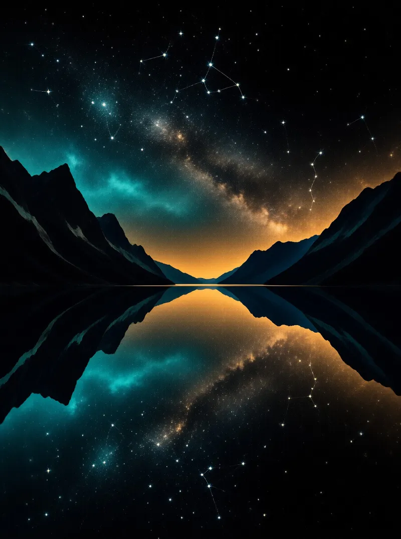 Teal and amber star fields linked by faint lines mirror perfectly across still water between dark sloping peaks.