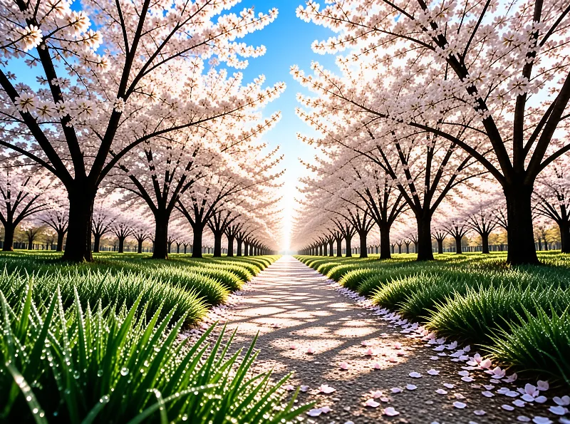 Rows of pale pink sakura trees arch over a straight gravel walk bordered by dewy green grass