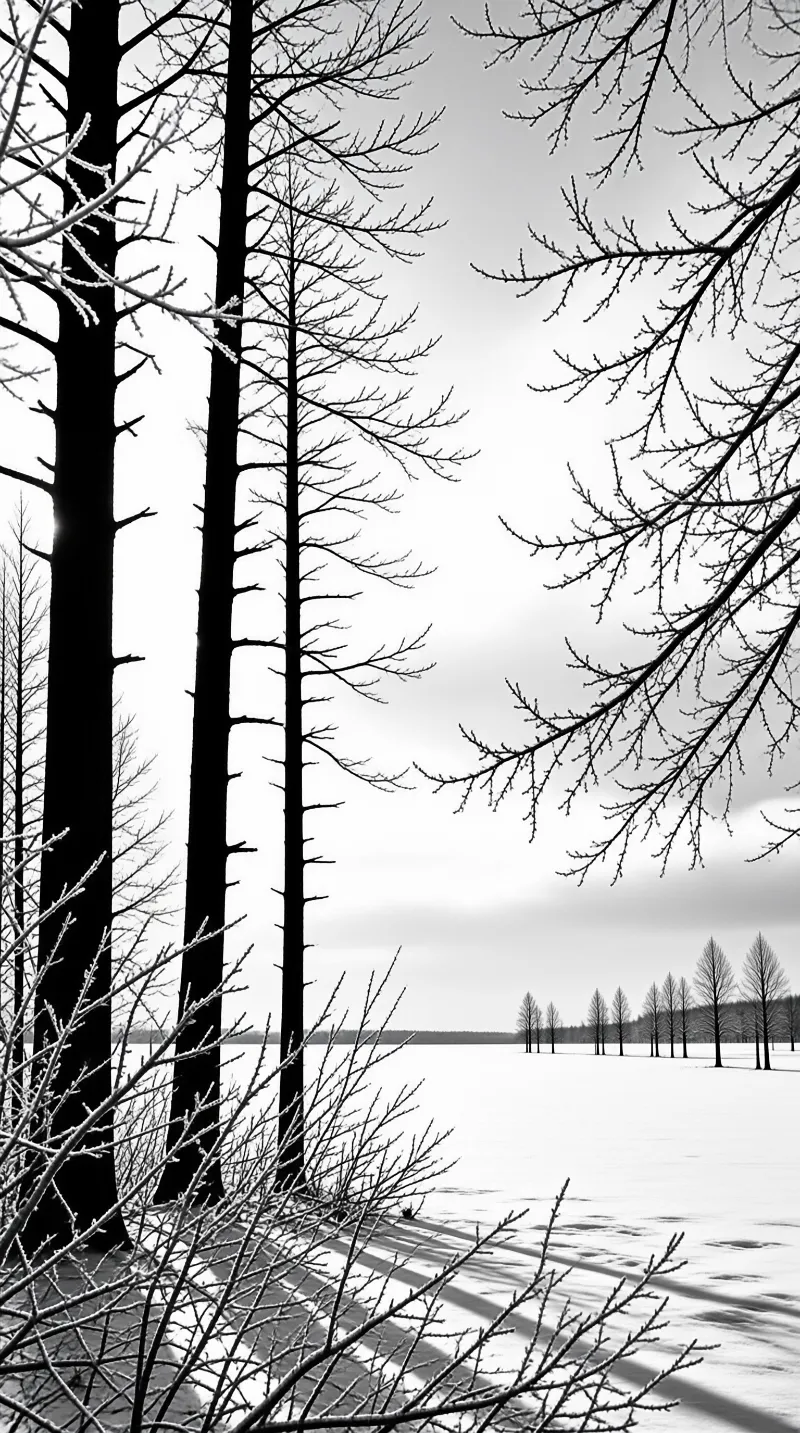 Trees Along Snowy Frozen Lake In Winter