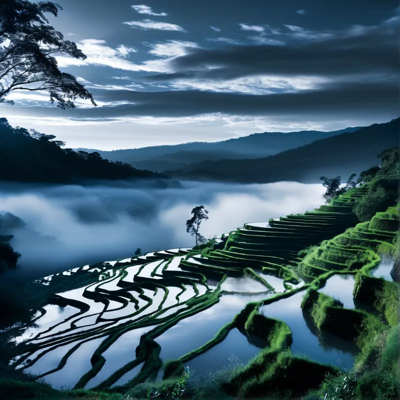 Reflective water terraces climb the green slopes as thick white clouds fill the distant valley under a blue sky.