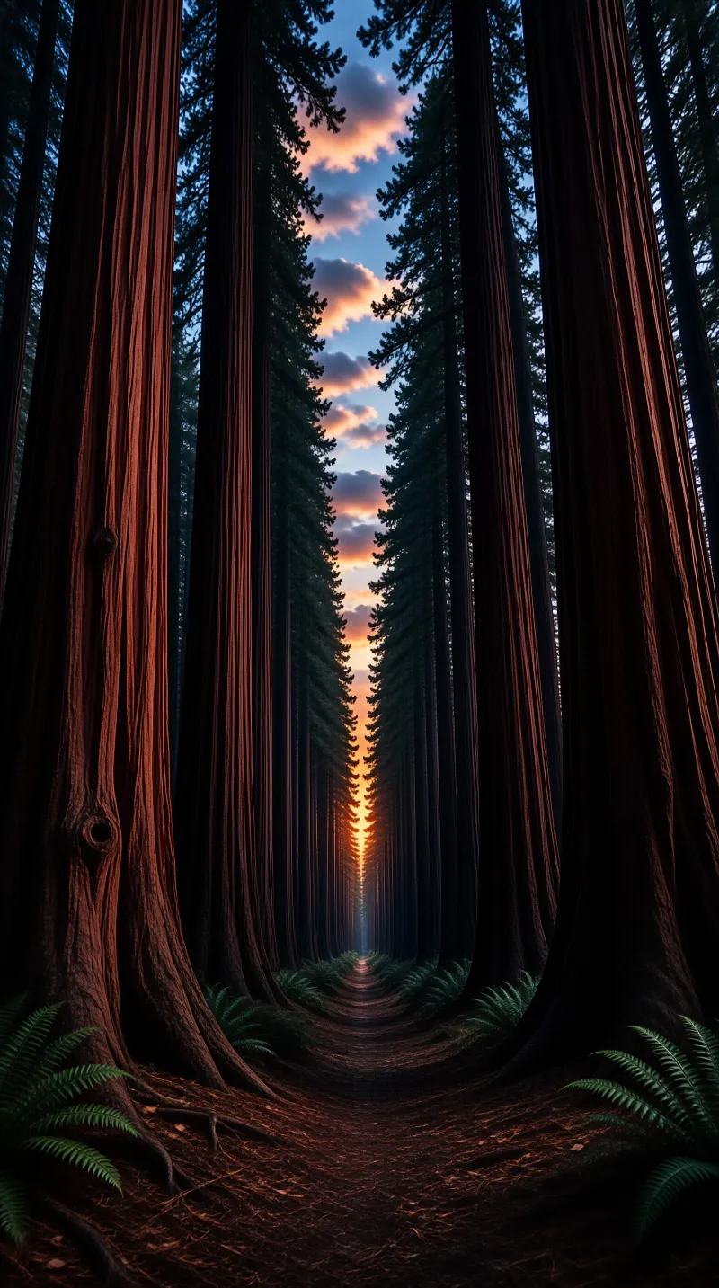 Giant redwood trees stand on either side of a path facing the sunset.