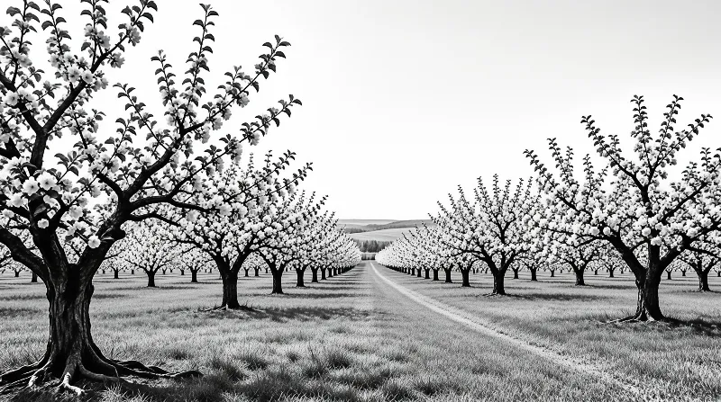 Rows of blossoming trees flank a central dirt path stretching toward a flat horizon in grayscale.