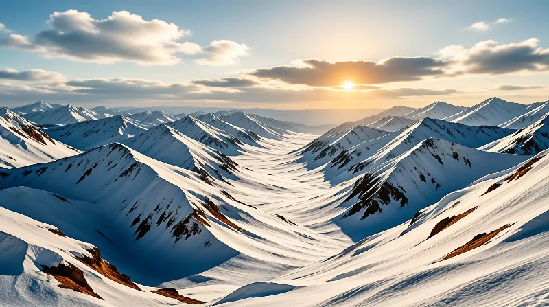 Snowy alpine peaks stretch into the distance under a bright sun casting long shadows across the valleys.