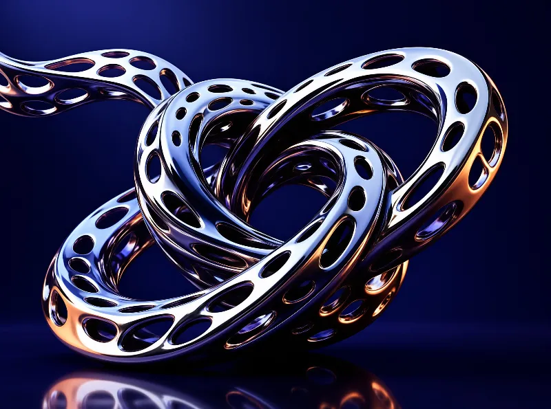 A twisted metallic torus with perforations gleams in a dark blue space, catching warm orange highlights on polished chrome.