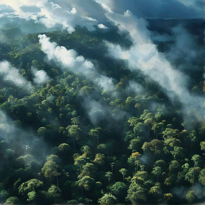 Dense tropical forest covered in thick white smoke under a cloudy sky with sunlight breaking through