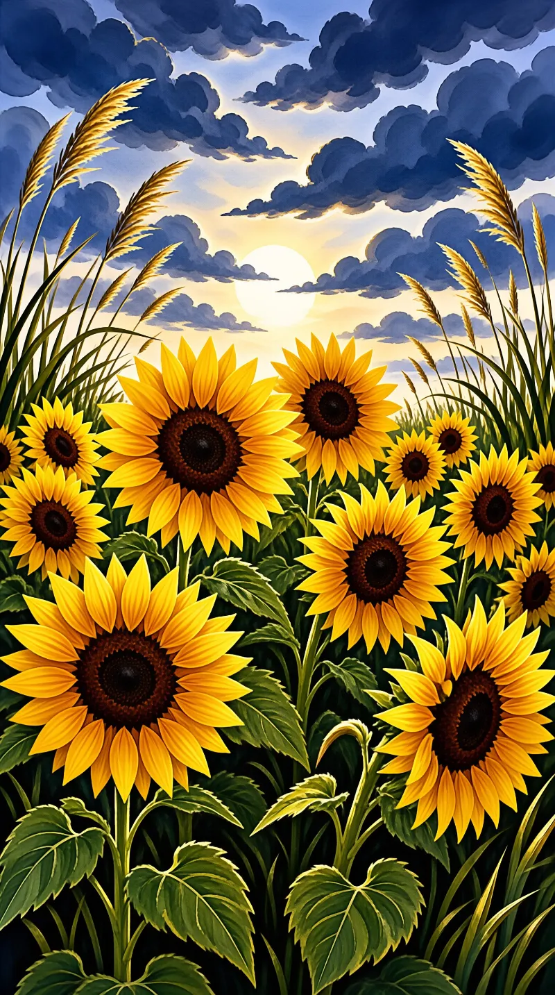 Yellow sunflowers stand tall in a green field under a cloudy blue sky with a bright sun glowing near the horizon.