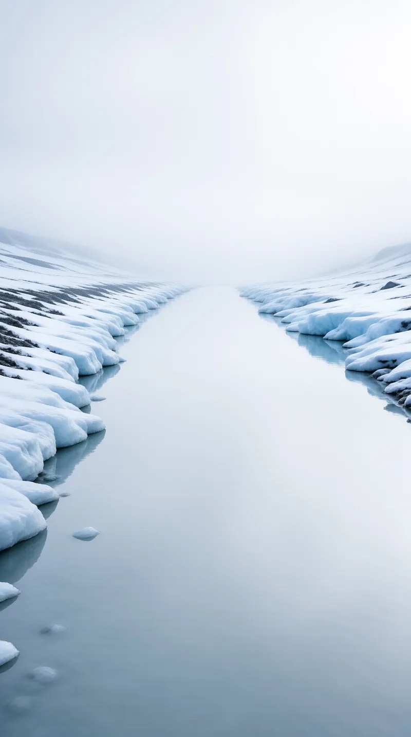 A frozen river channel winds through a landscape of blue snow drifts that disappear into a bright white fog.