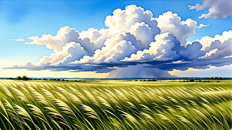 A sprawling wheat field stretches toward the horizon beneath a towering cloud mass casting shadows on the ground.
