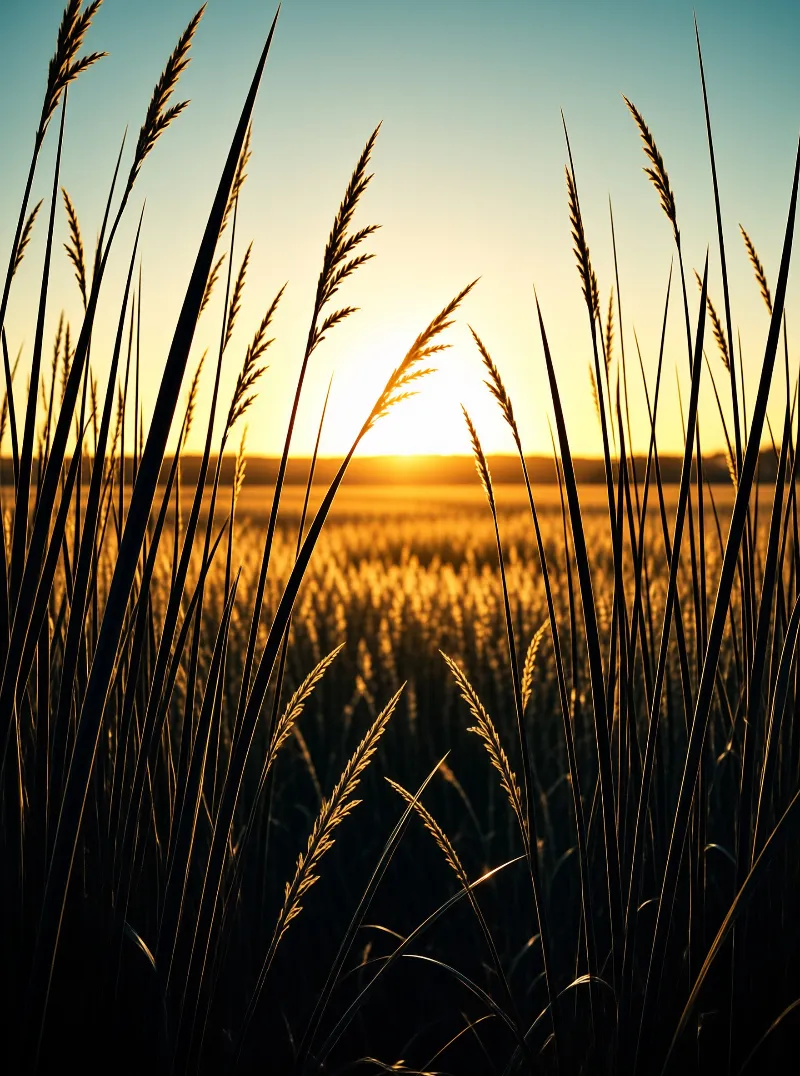 Dark silhouettes of wild grass stand tall in the foreground while a bright orange sun rises over a distant plain.