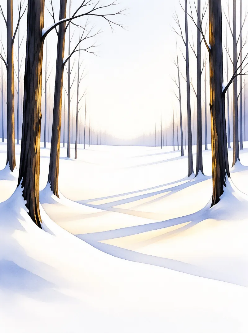 A digital painting shows a snowy forest scene where a smooth curved path winds between tall dark trees that cast long shadows across the white ground under a bright hazy sky.