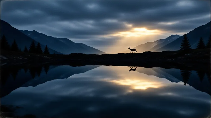 A lone deer walks along a dark ridge with warm sunlight breaking through clouds and reflecting perfectly in the still water of a mountain lake.
