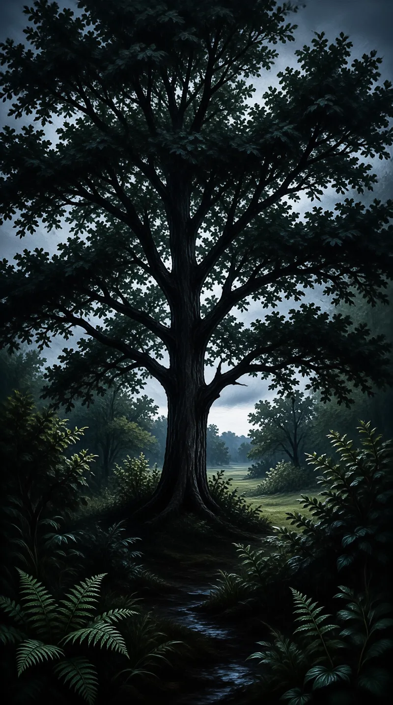 A large dark oak tree stands beside a winding path through a shadowy forest at dusk.