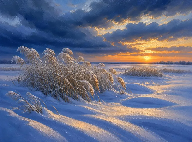 A clump of ice covered reeds leans across wind carved snow while the low sun turns clouds orange over a frozen plain.