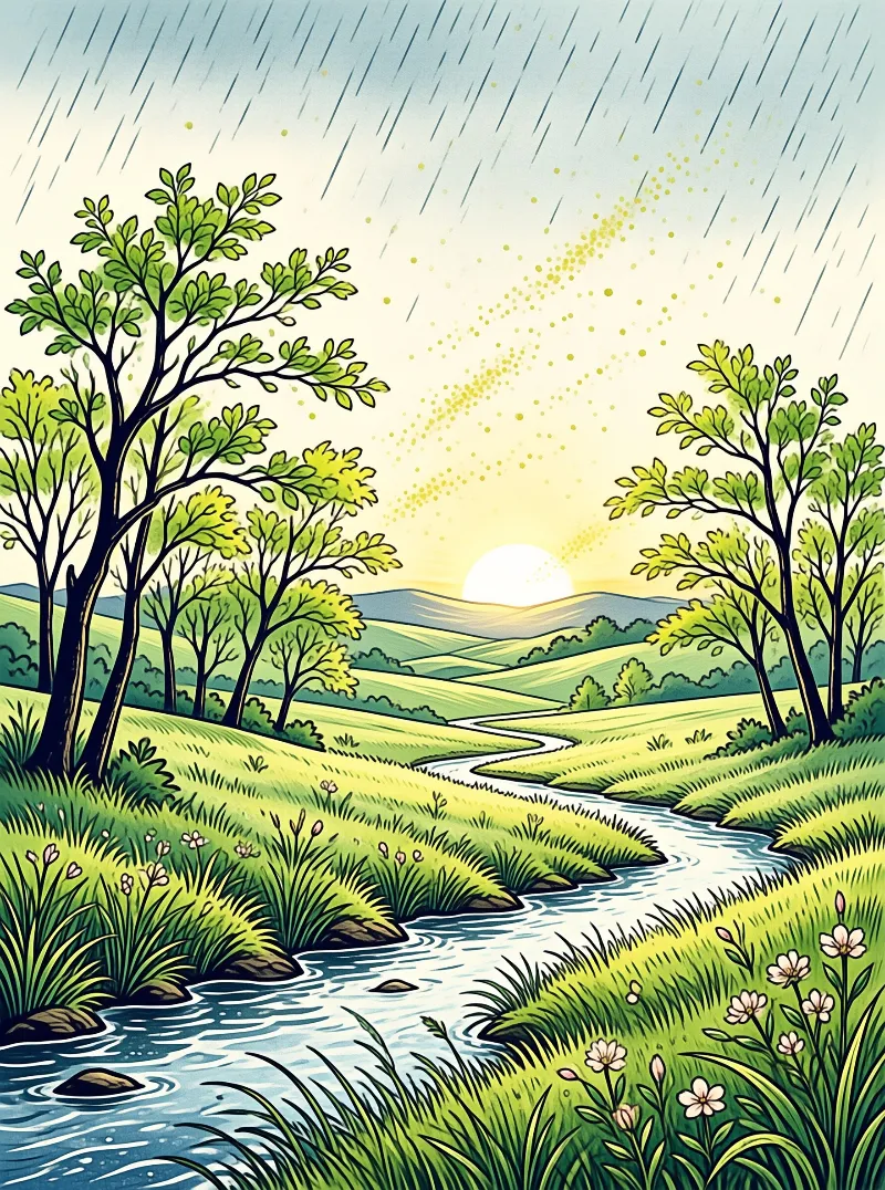 Vintage illustration of a brook curving past spring trees and wildflowers under streaks of soft rain