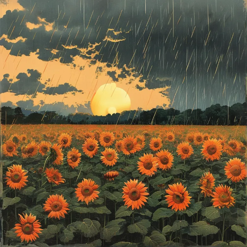 Bright orange sunflowers fill a field while dark clouds and rain streak across the sky near a glowing sun.