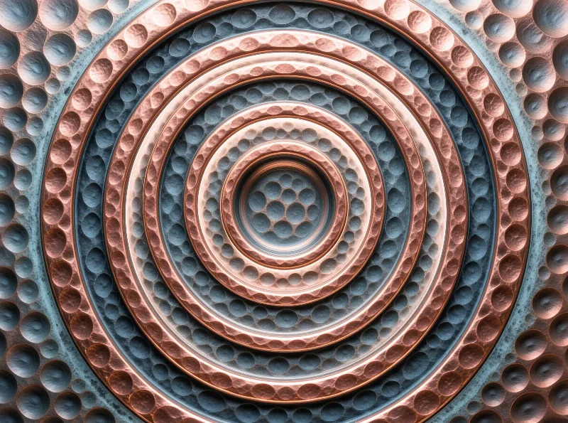Concentric circles of textured metal featuring alternating bands of warm copper and cool blue steel.