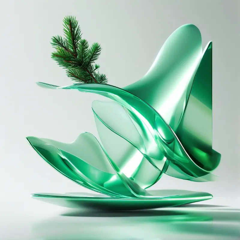 A translucent green sculpture features a pine branch near the top against a plain white background with bright reflections.