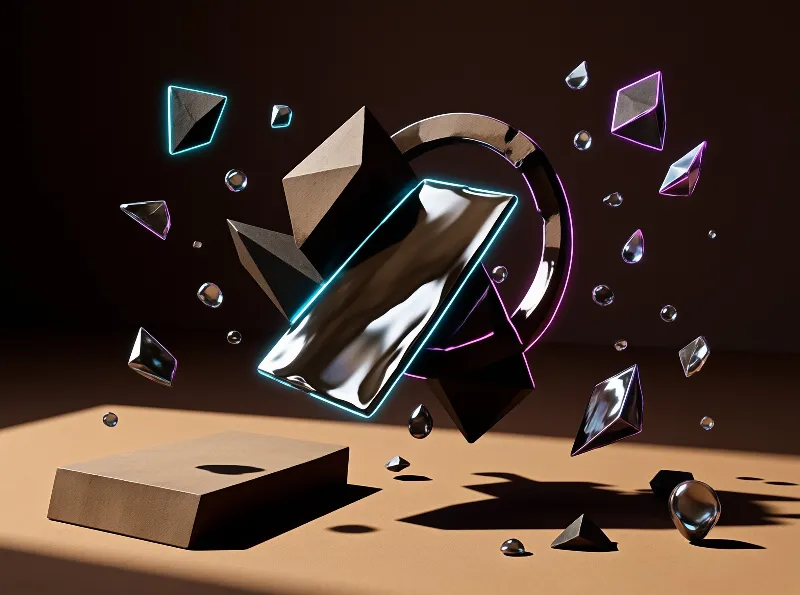 Abstract three dimensional geometric forms with metallic finishes and glowing blue and purple edges float dynamically over a matte beige platform while scattered water droplets and shadowed fragments add depth to the composition.