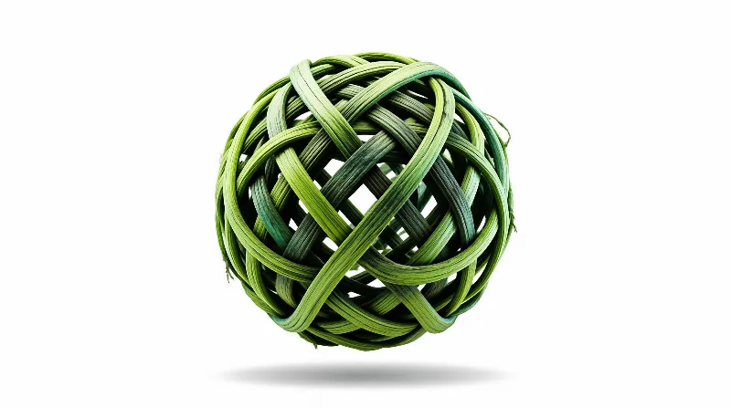 Woven green grass ball made of fibrous strands floats against a plain white background with a soft shadow below it.