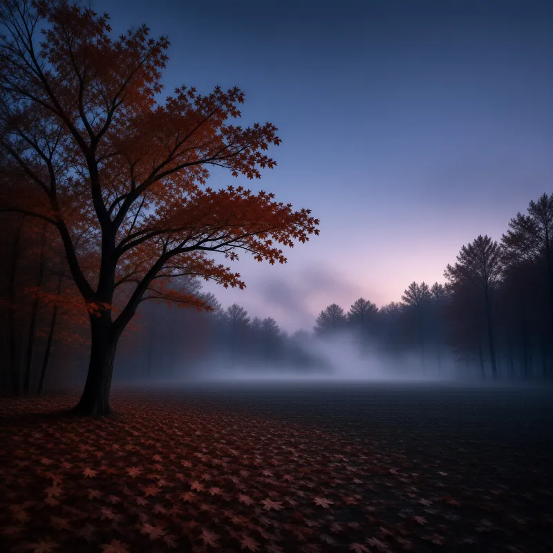 A lone maple ablaze with red foliage frames a meadow carpeted in fallen leaves and drifting dawn mist.