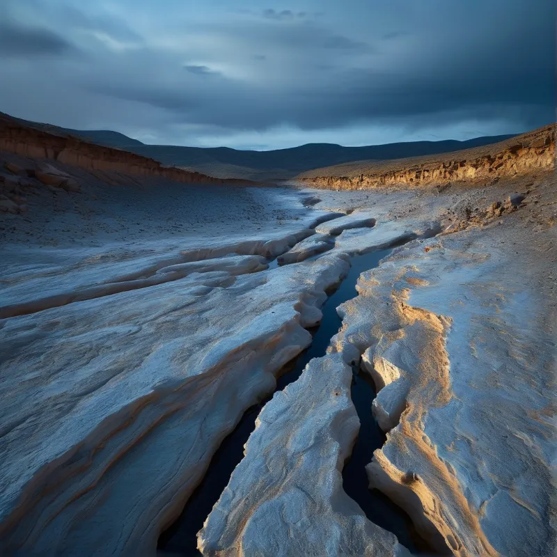 A narrow water-carved channel winds through smooth pale sandstone under a heavy blue storm sky with warm light on walls