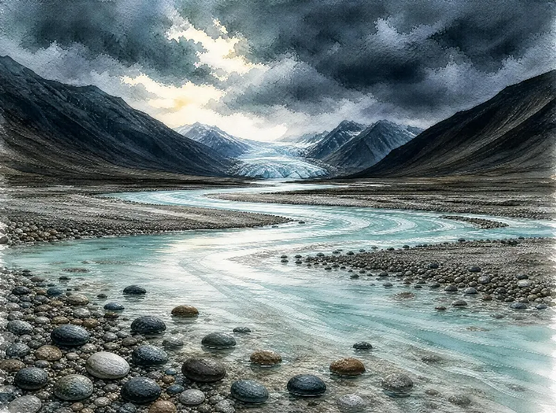 A glacier at the end of a valley with a winding river flowing through rocky banks under stormy clouds