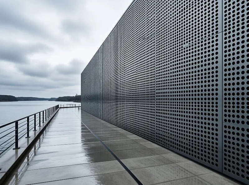 A long perforated metal screen stands next to a wet concrete path reflecting the cloudy sky and water.