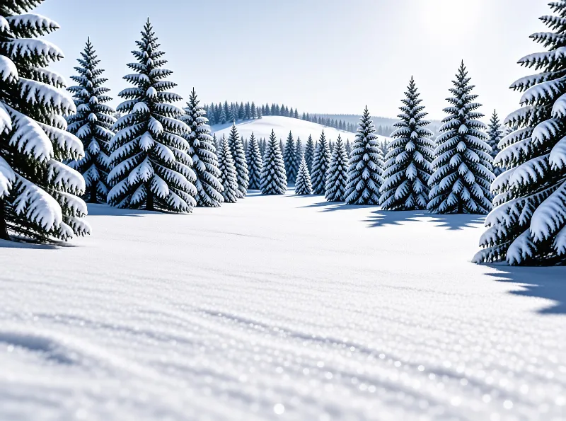 Heavy snow blankets a quiet grove of spruce trees around an open clearing under a bright winter sky.