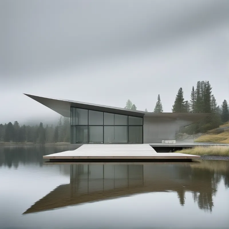 An angular glass and concrete house extends over a calm grey lake, backed by fog covered tall pine trees under overcast sky.