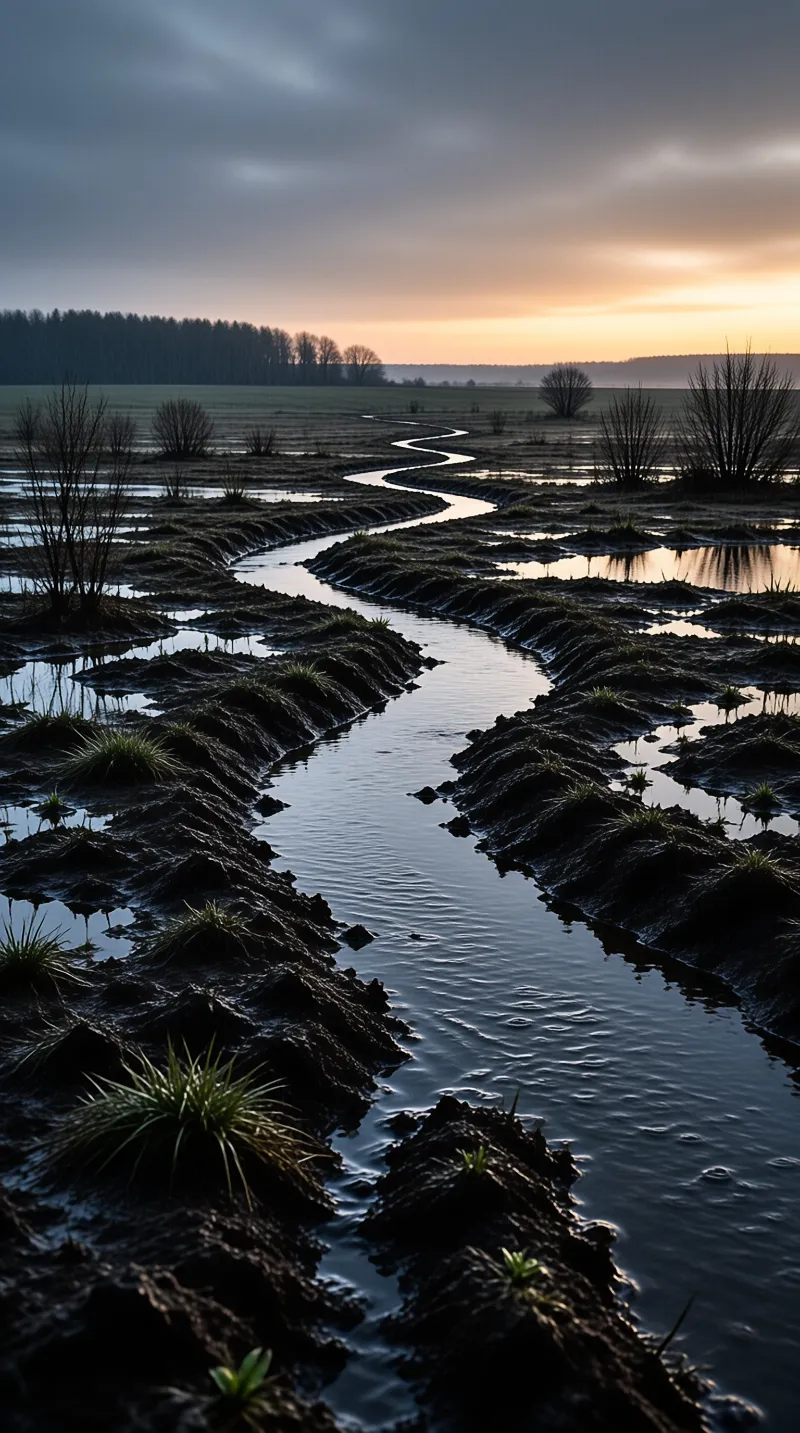 A slender watercourse curves through dark muddy hummocks toward a glowing sunset on the horizon.
