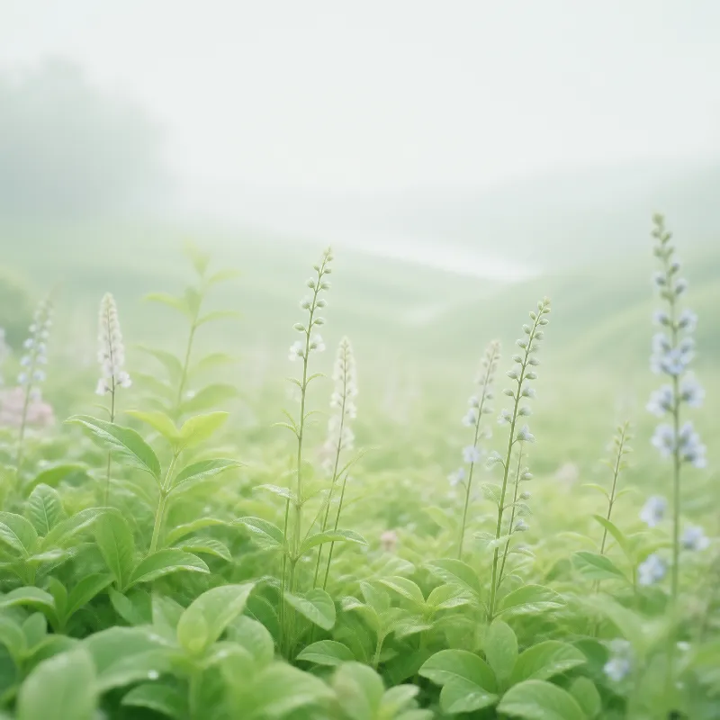 Misty Green Field with Flowers