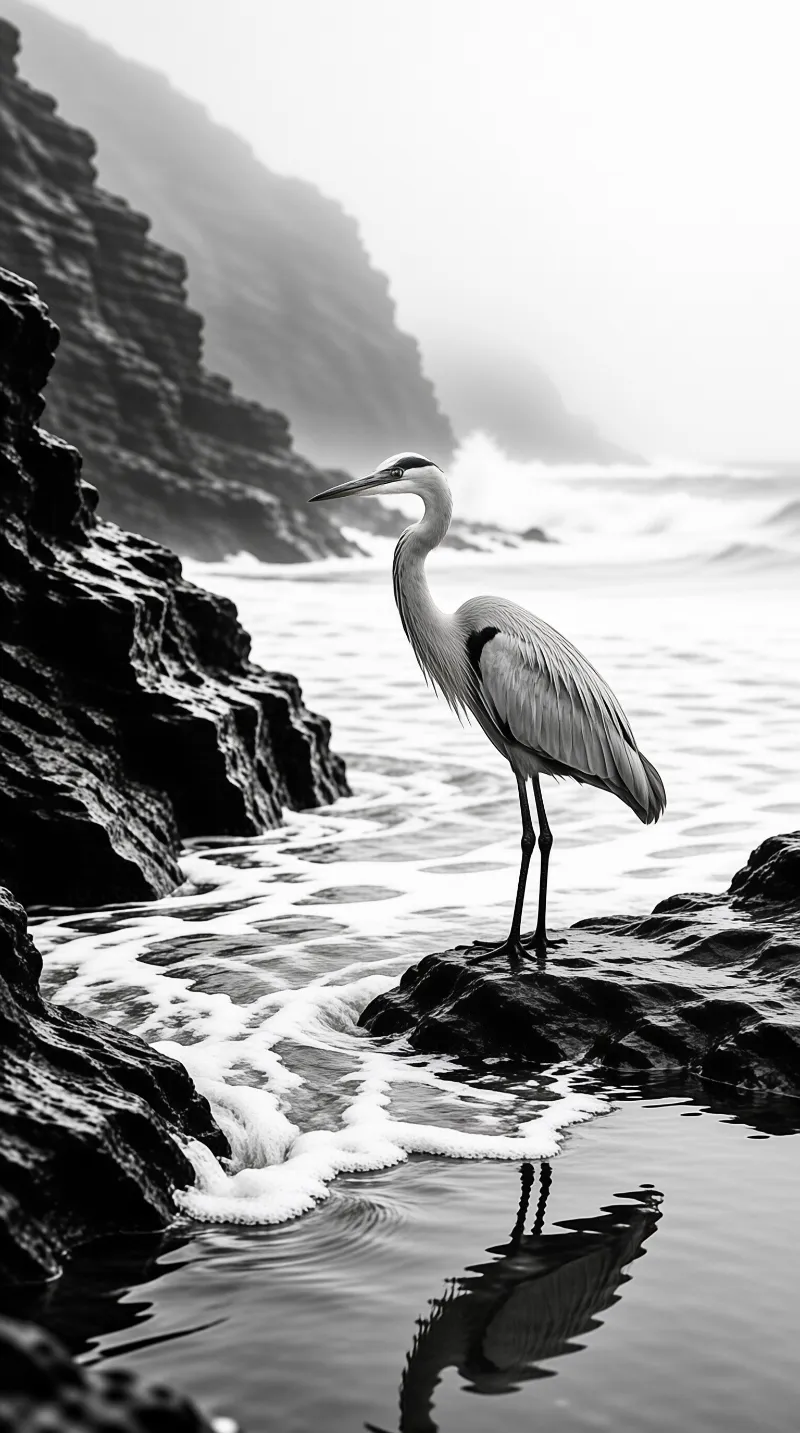 A large wading bird stands on a dark rock while white waves wash over the shoreline below.