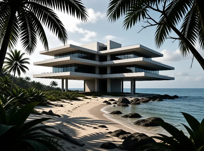 A tiered concrete residence rises above the shoreline while shadowy palm fronds frame the bright tropical beach scene.