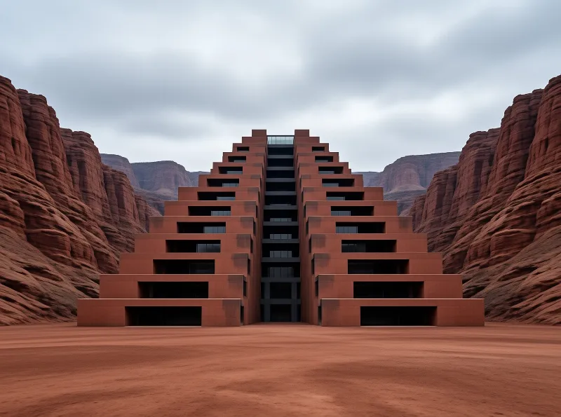A massive symmetrical red brick pyramid structure sits in a desert canyon beneath a cloudy sky.