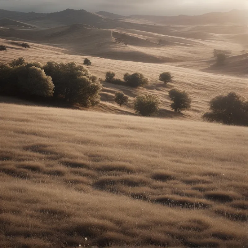A wide view of rolling hills covered in dry tan grass with a few trees scattered across the slope under warm sunlight.